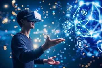 A young man wearing VR glasses interacts with a virtual blockchain network, symbolizing cryptocurrency and blockchain technology.