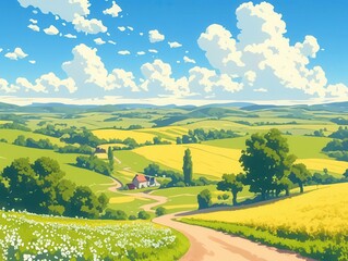 Anime countryside, rolling hills and clear skies, flat design illustration