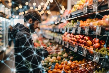 A man uses his smartphone while shopping for fruit in a grocery store, with a glowing network overlaying the scene, representing the interconnectedness of modern commerce.