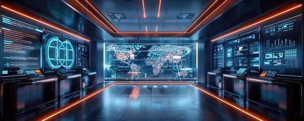 Futuristic command center with digital world map and high-tech interfaces for data analysis and cybersecurity in a modern, high-tech environment.