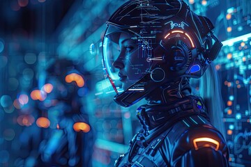 Futuristic soldier in advanced high-tech exosuit helmet, surrounded by glowing interface, highlighting cutting-edge technology and innovation.