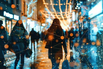 A woman strolls through a lively city street with festive lights, as digital connections overlay the scene, uncovering data-driven retail insights