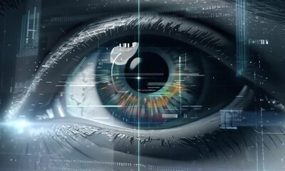 A close-up of a human eye with futuristic digital graphics overlaying the iris, perfect abstract concept for a tech-themed - Powered by Adobe