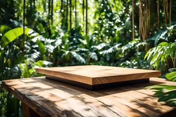 Table top wood counter floor podium in nature outdoors tropical forest garden blurred green jungle plant background.natural product present placement pedestal stand display,spring or.