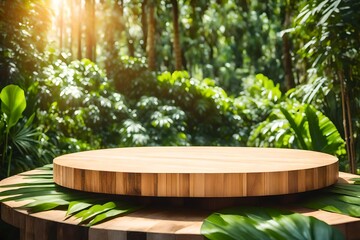 Table top wood counter floor podium in nature outdoors tropical forest garden blurred green jungle plant background.natural product present placement pedestal stand display,spring or.