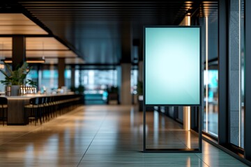 Modern indoor restaurant interior with an empty digital advertising display screen, ideal for showcasing promotional content or branding.