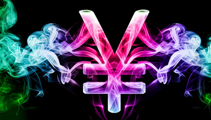 Smoke of bright gradient color, taking the shape of a Japanese yen or Chinese Yuan sign, flying on a black