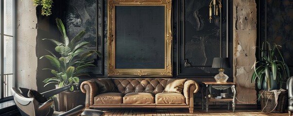 Chic living room with an empty gold-trimmed frame.