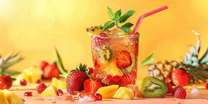 Cocktail fruit&eacute; avec fraises, kiwi et ananas sur fond orange