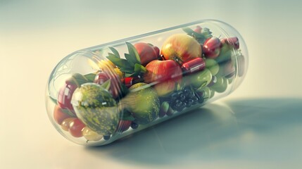 A transparent pill with a lot of healthy and beautiful fruits and vegetables inside it.