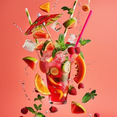 Cocktail tropical avec fruits, glaçons et parasol sur fond rose