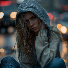 Featuring a young woman in casual wear, her hair and clothes soaked, embodying the raw beauty and fashion-forward look of a stormy evening