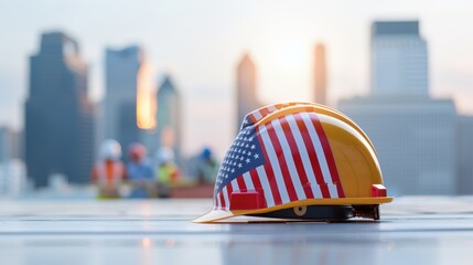 Labor Day theme with the American flag printed on a construction helmet, honoring workers