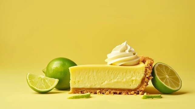 A sunny yellow background featuring a contemporary key lime pie, with a glossy finish and a minimalistic design