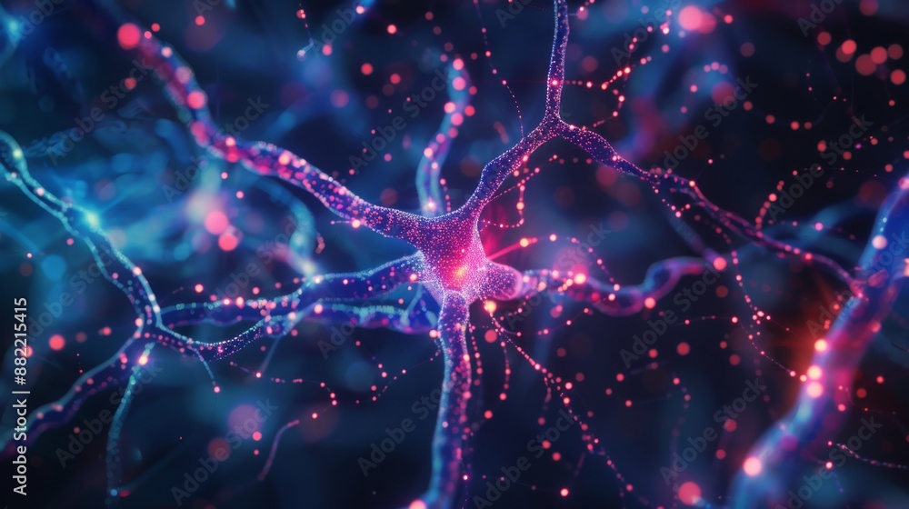 Poster abstract visualization of neural network connections, depicting glowing synapses and intricate nodes