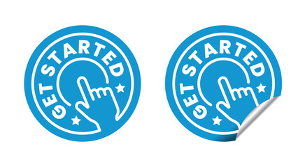 Get started circle sticker with line hand pressing start button. Vector isolated on white background