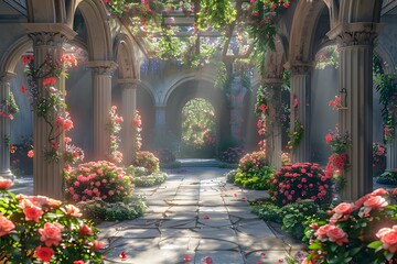 Romantic garden courtyard filled with blooming flowers and sunlight streaming through arches.