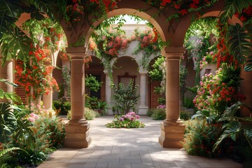 Fototapeta premium Lush courtyard garden with vibrant flowers and greenery in a sunlit, serene setting.