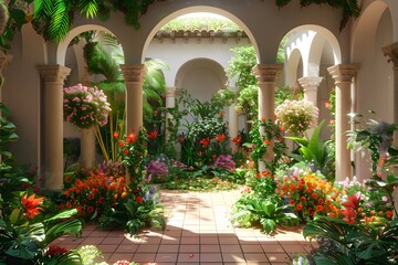 Mediterranean garden courtyard with vibrant flowers and lush greenery under sunlit archway