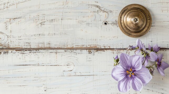 Vintage bronze drawer pull knobs and violet flower on white wooden background with space for text