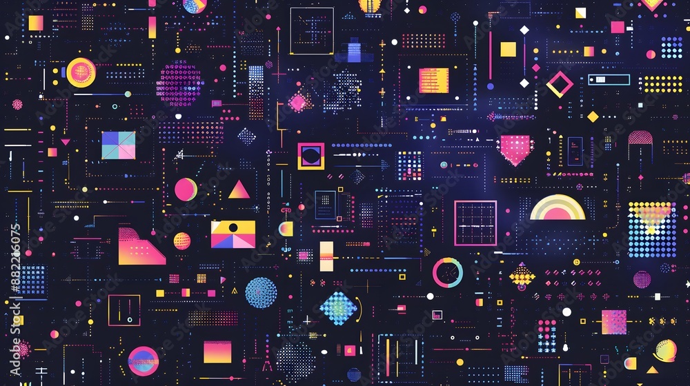 Poster abstract pixel symbols vector pattern. geometric retro computer game style texture. generative art t