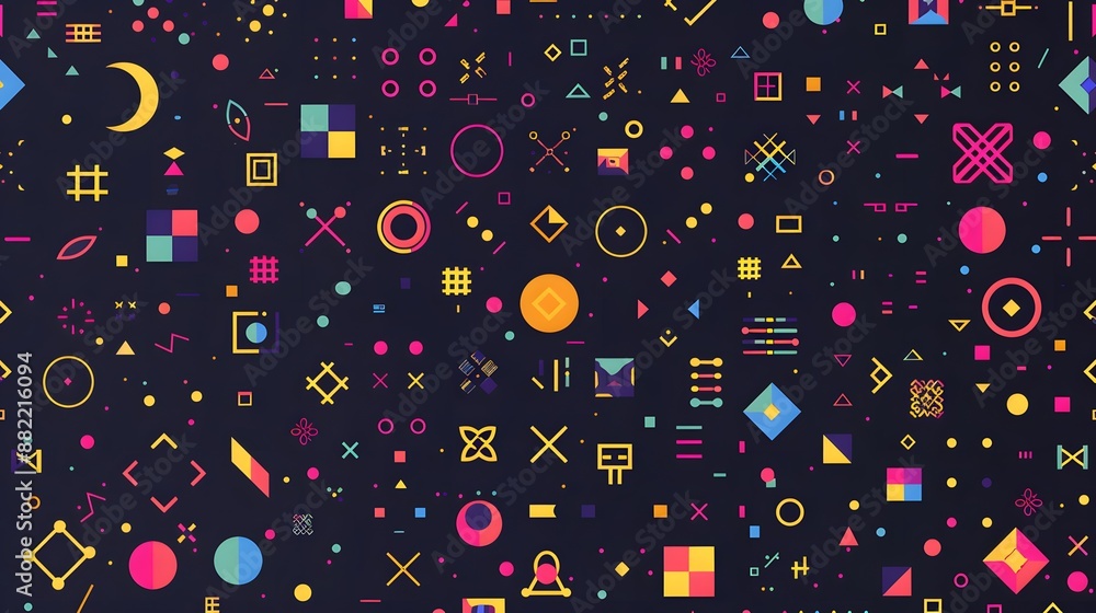 Poster abstract pixel symbols vector pattern. geometric retro computer game style texture. generative art t