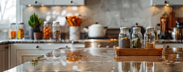 High-end kitchen with an empty marble spice rack.