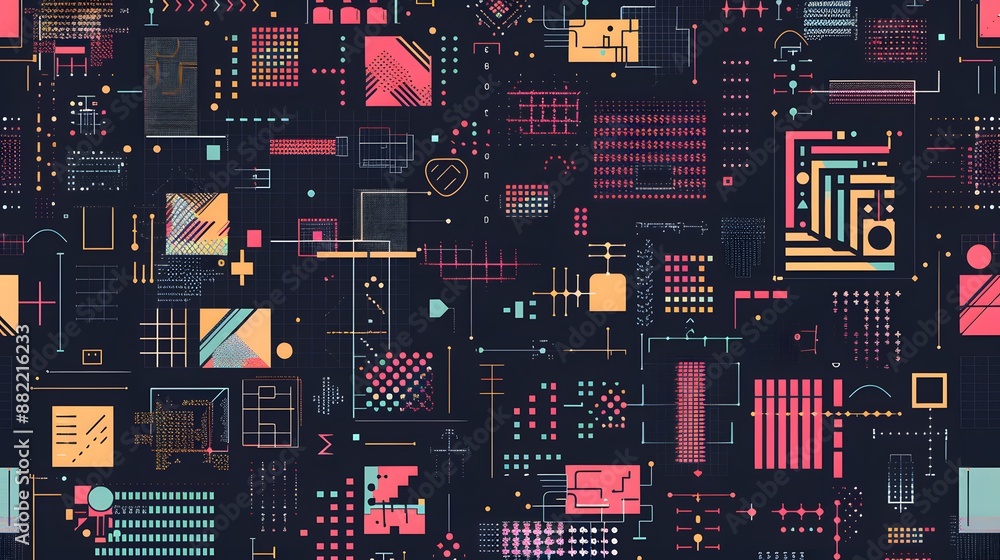 Poster abstract pixel symbols vector pattern. geometric retro computer game style texture. generative art t