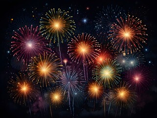 Vibrant fireworks explode in colorful celebration against a dark night sky