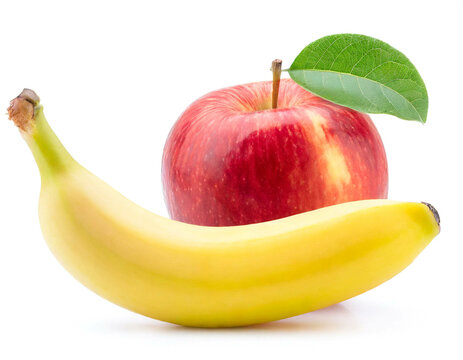 Apfel und Banane isoliert auf wei&szlig;en Hintergrund, Freisteller 