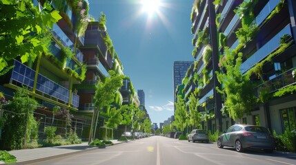 Obraz premium Ultra-modern city with green roofs and vertical gardens, solar panels on buildings, clean street with electric cars.