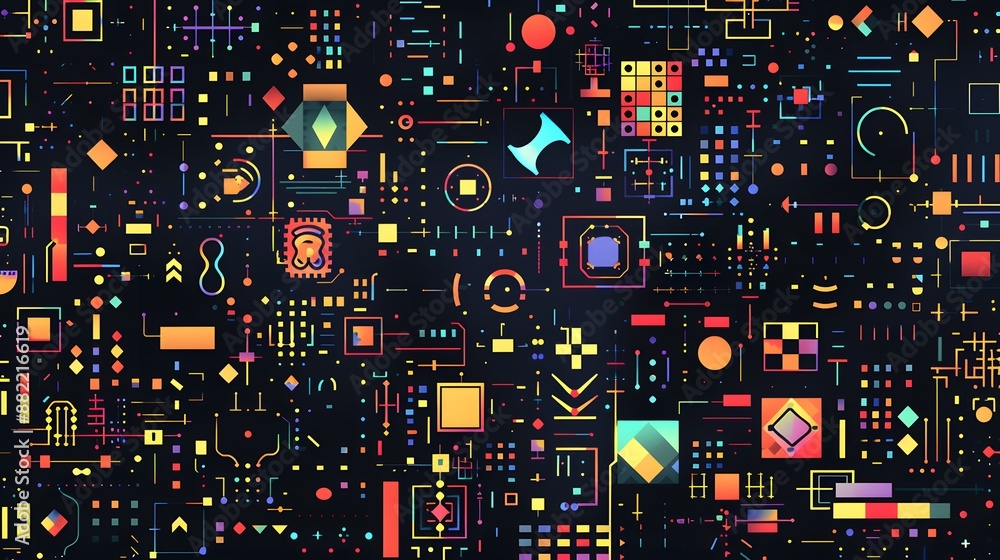 Poster abstract pixel symbols vector pattern. geometric retro computer game style texture. generative art t