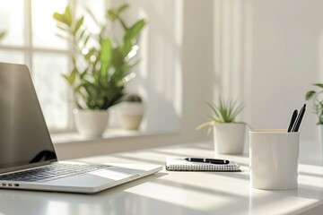 a morning routine scene with a cup of coffee, an open notebook, and a vase of fresh flowers on a bright kitchen countertop.