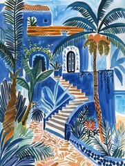 Obraz premium A watercolor illustration of a blue Moroccan home with palm trees and a stone path leading up to the entrance