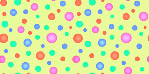 Seamless pattern without borders. Bright multi-colored circles 3D and 2D on a plain yellow background. Red, blue, green, blue, pink. Wrapping paper, textiles.