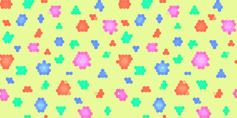 Seamless pattern without borders. Bright pixel blots on a plain yellow background. Red, blue, green, blue, pink. Wrapping paper, textiles.