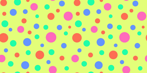 Seamless pattern. Bright multi-colored 2D circles on a plain yellow background. Wrapping paper, textiles.