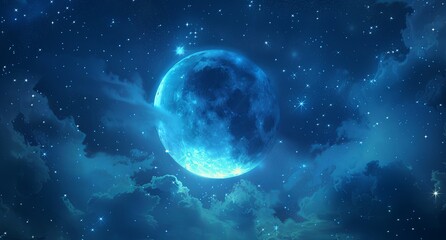 Obraz premium Crescent Moon in Night Sky with Clouds and Twinkling Stars, Illuminated by Blue Light Creating Tranquil and Mysterious Atmosphere