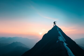 Silhouette of a person standing on a mountain peak at sunrise, embodying adventure, achievement, and the beauty of nature.