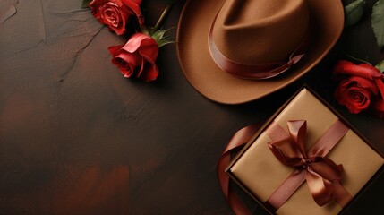 Brown hat roses and gift in box with empty space