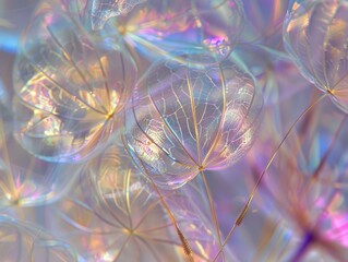 Naklejka premium Close-up of delicate dandelion seeds, exhibiting iridescent colors, with a soft, dreamy background