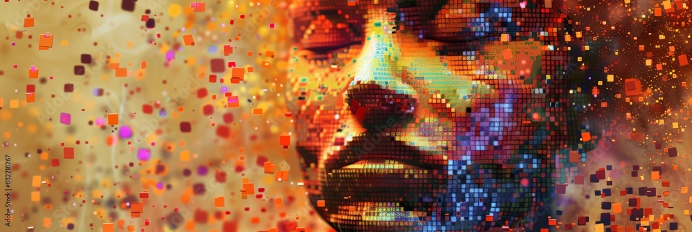 Poster Digital face with colorful particles and mosaic patterns on a dark background. Symbolizes futuristic technology and AI