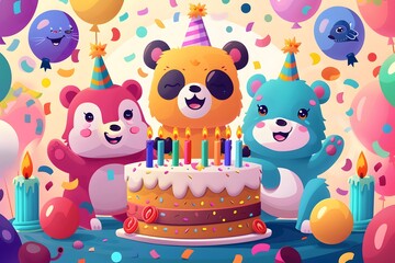 Obraz premium Animated animals celebrating a colorful birthday party with a decorated cake and festive balloons.