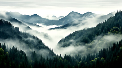 Realistic illustration of mountains forest fog morning mystic