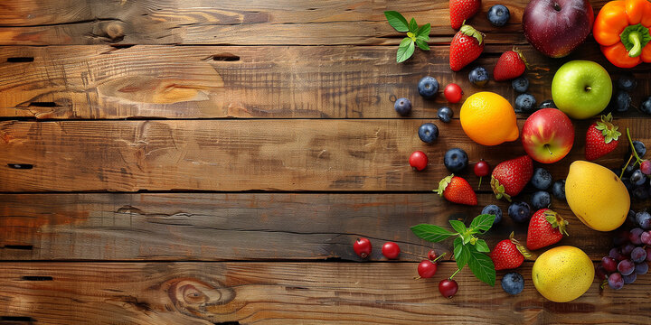 Werschiedene Obstsorten auf Holztisch Platz zum Schreiben Werbebanner Karte