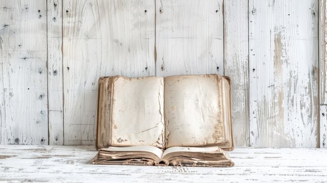 Vintage work environment with open antique book on white wooden backdrop showcasing business and education themes