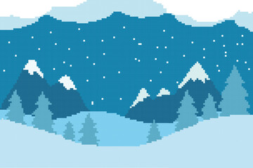 winter pixel art image, there is a beautiful high mountain surrounded by pine trees covered in snow	