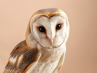 A barn owl with brown and white feathers looks directly at the camera, with its dark eyes and sharp beak visible