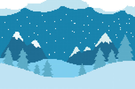 winter pixel art image, there is a beautiful high mountain surrounded by pine trees covered in snow	