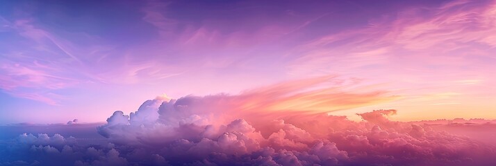 Panoramic View of Sunset Sky with Purple and Pink Clouds, Soft Gradient from Blue to Orange Creating Ethereal Atmosphere